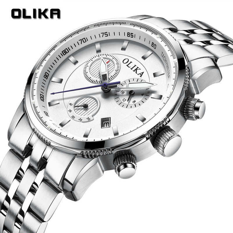 Olka Men's Business Watch Multifunctional Steel Case Steel Band Waterproof Gift Quartz Men's Watch Dropshipping Calendar Wristwatch