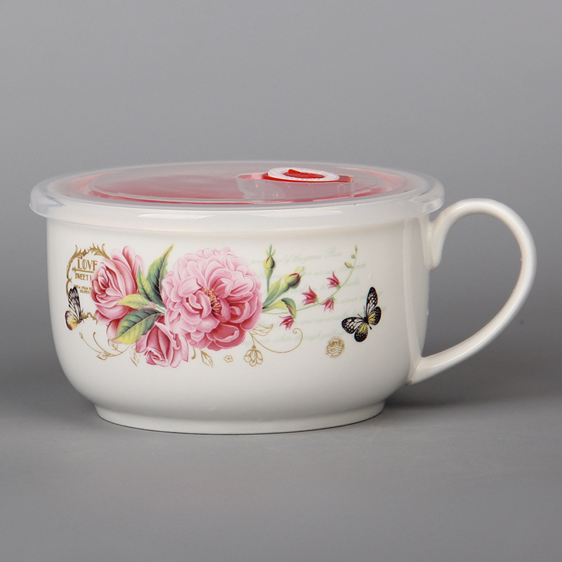 Factory direct supply 6 inch microwave oven round Chinese style ceramic instant noodle cup logo gift large instant noodle bowl