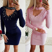 ebay速卖通 时尚珍珠V领波浪领性感修身纯色连衣裙