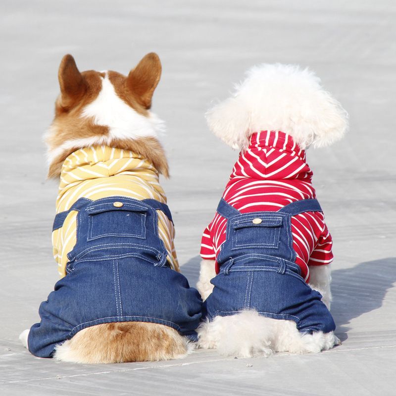 Autumn and Winter Pet Clothes Striped Denim Dog Four-Legged Clothes Teddy Corgi Suspender Jumpsuit Dropshipping Thickeneded and Warm