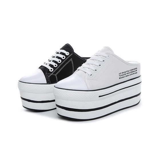 2023 Spring and Summer New Elevated White Shoes Women's Platform Cake Heel Canvas Women's Shoes Fashionable Half Slippers for Outer Wear