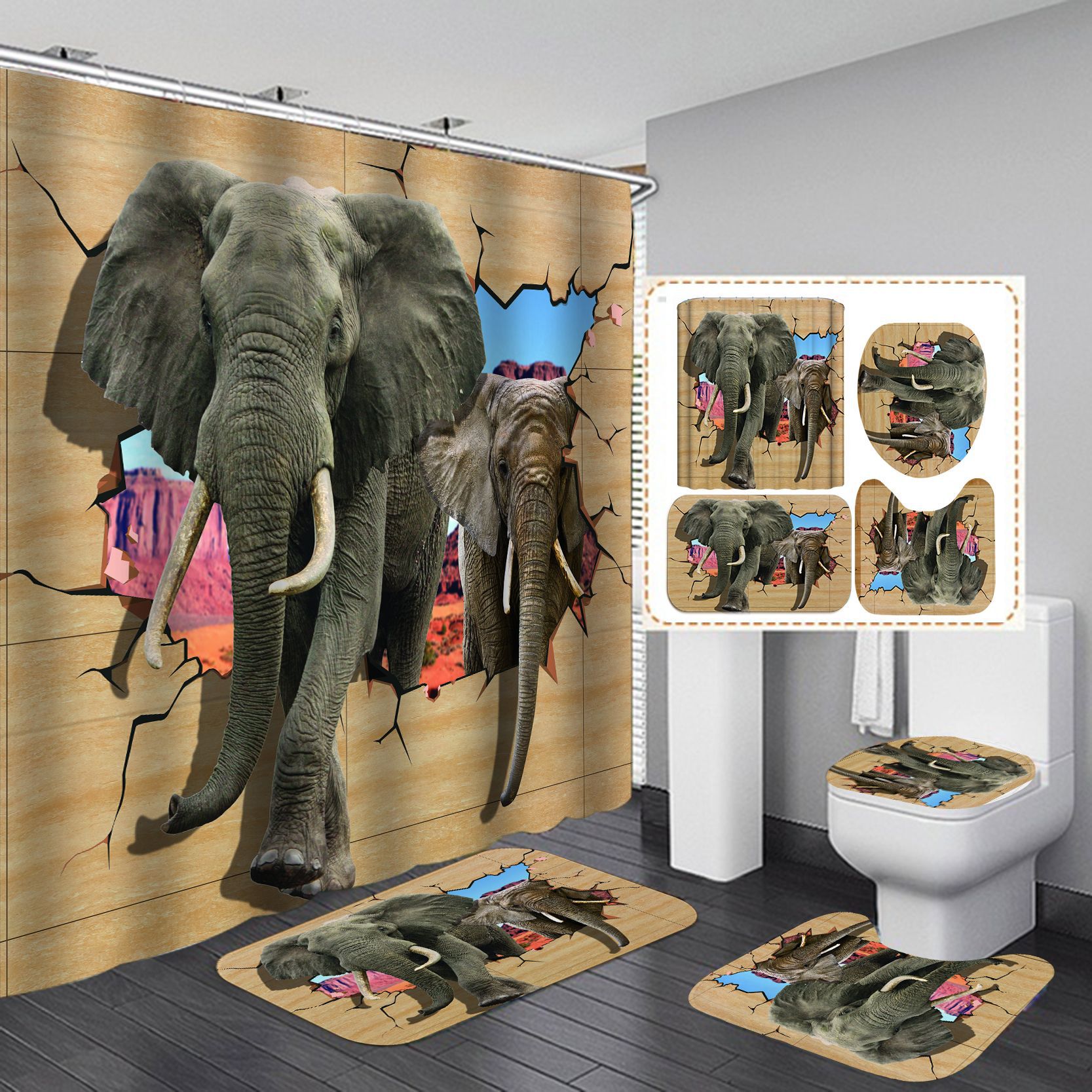 Amazon transfronteriza Venta caliente Impresión digital impermeable poliéster elefante Cortina de ducha de suministro directo de fábrica Cortina de ducha al por mayor
