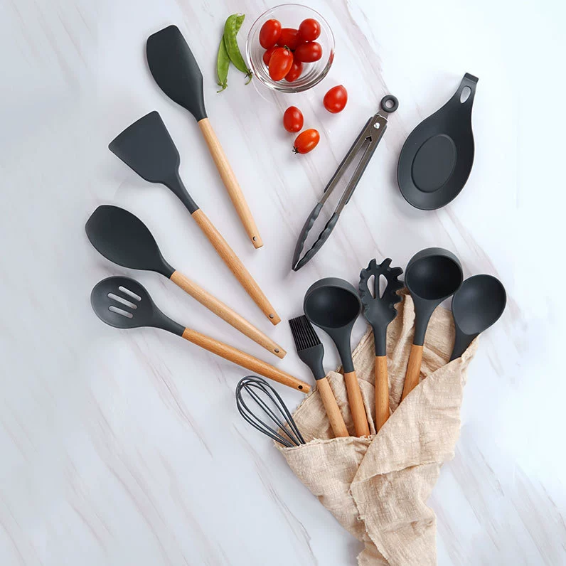 Silicone kitchenware set with beech wood handles, storage container, 11/12 pcs options