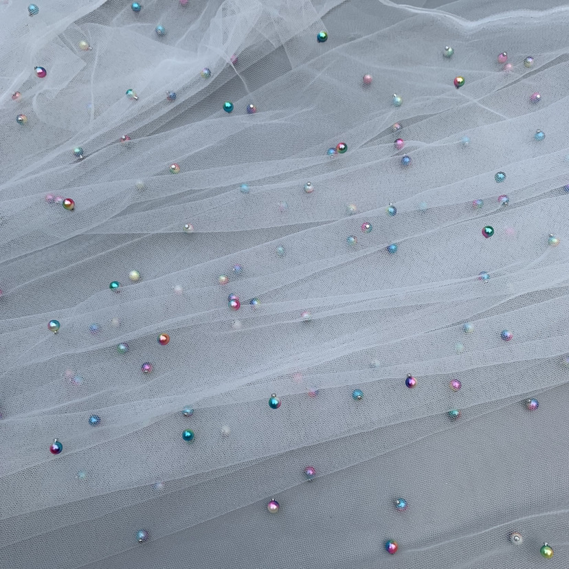 Malla de estilo elegante post-procesamiento de tela con cuentas tridimensionales tela de Hanfu de malla de perlas de colores tridimensionales para mujer