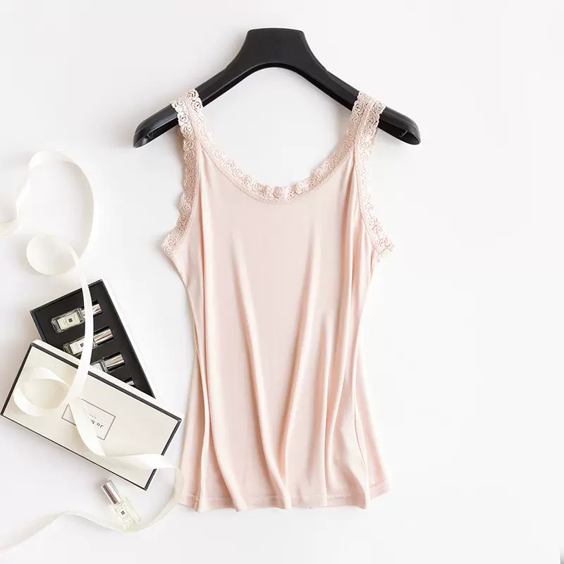 唐格春夏针织真丝吊带背心女蕾丝打底衫大码桑蚕丝女装短款修身