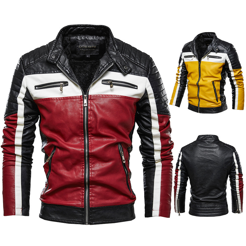 Fleece-Lined Stand-Up Collar Leather Jacket for Men, Cross-Border Outerwear, Youth Motorcycle Jacket, Color-Blocked, Plus Size, New Autumn and Winter Fashion Leather Coat Fleece-Lined Stand-Up Collar Leather Jacket for Men, Cross-Border Outerwear, Youth Motorcycle Jacket, Color-Blocked, Plus Size, New Autumn and Winter Fashion Leather Coat