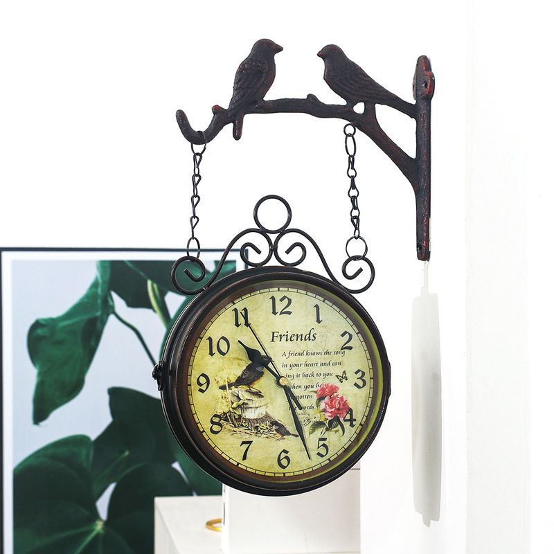 European retro home decoration wall clock iron mute clock factory Bar Cafe Amazon double-sided wall clock