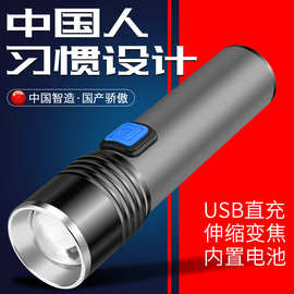 强光手电筒USB充电铝合金手电LED迷你伸缩变焦UV验钞猫藓荧光检测
