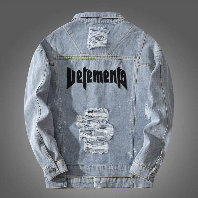 Trendy Men's Spring and Autumn Large Size Light Blue Denim Jacket Hong Kong Style Dropped Shoulder Loose Foreign Trade Jacket Letter Embroidered Top Trendy Men's Spring and Autumn Large Size Light Blue Denim Jacket Hong Kong Style Dropped Shoulder Loose Foreign Trade Jacket Letter Embroidered Top