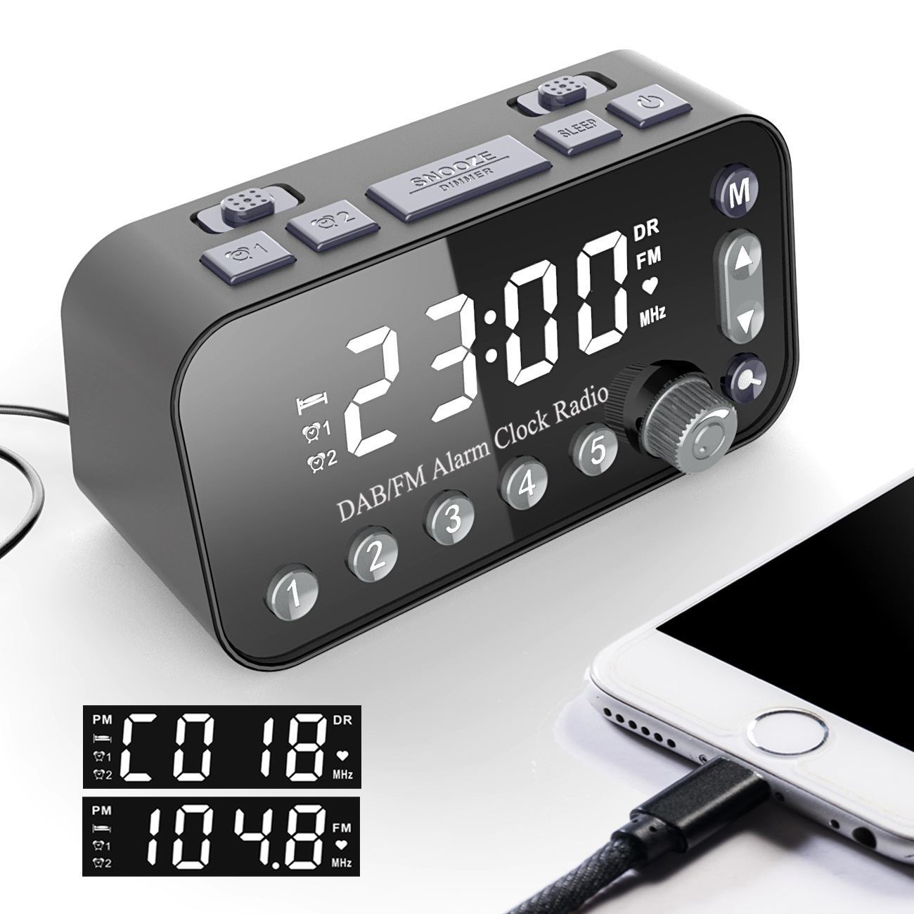 Versión europea de radio despertador de cabecera DAB, reloj despertador dual de pantalla grande, Puerto USB dual para cargar el teléfono móvil