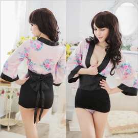 樱桃诱惑情趣内衣性感制服印花透视连体日系和服 激情露乳代发