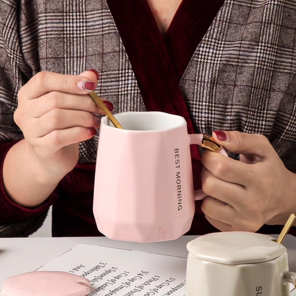 Estilo nórdico creativo ins taza geométrica con tapa cuchara regalo Oficina de agua taza cerámica café