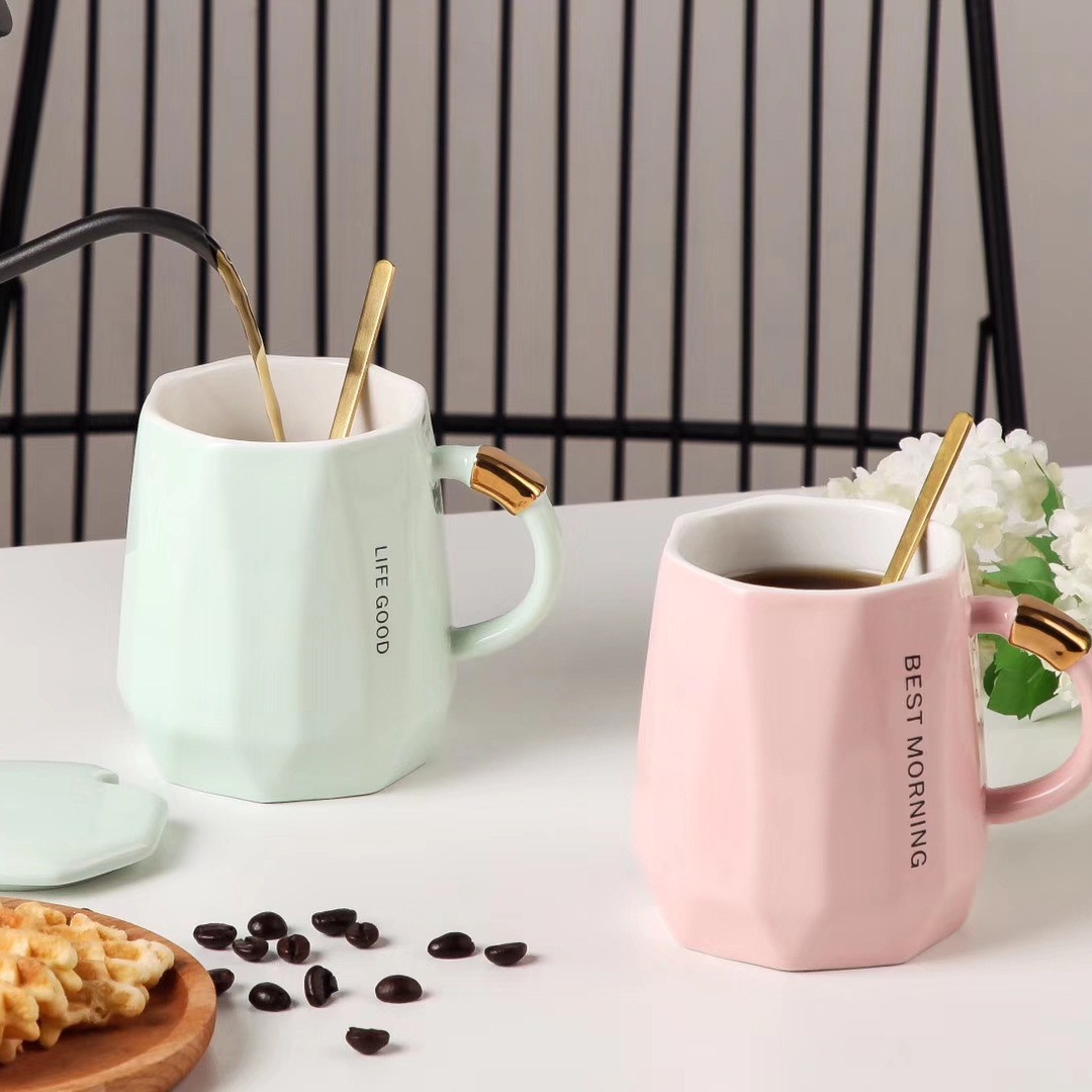 Estilo nórdico creativo ins taza geométrica con tapa cuchara regalo Oficina de agua taza cerámica café