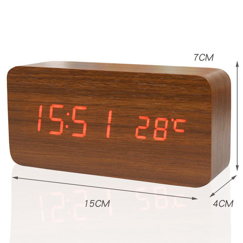 Creative smart voice-controlled wooden clock with 8 brightness levels, second display LED night light silent alarm clock for students, weekdays, electric