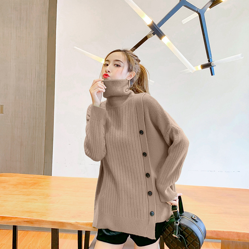 Papawmilk Papaya Milk Autumn and Winter New Korean Style High Collar Inclined Breasted Knit Sweater Irregular Base Sweater