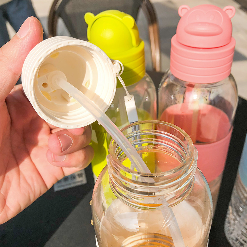 Mono de dibujos animados red transparente taza de plástico rojo paja taza de agua resistente a la caída al aire libre deportes portátiles taza de estudiante taza portátil
