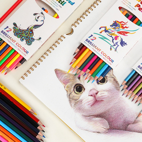 Cross-border colored pencils 12 colors water-soluble colored lead students drawing colored pencils log wooden hexagonal colored lead pencil wholesale