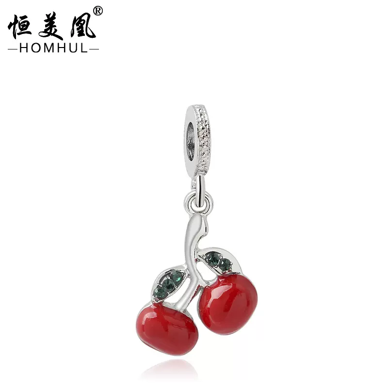 恒美凰新款滴油樱桃手链项链吊坠 合金画油红色樱桃大孔珠串饰