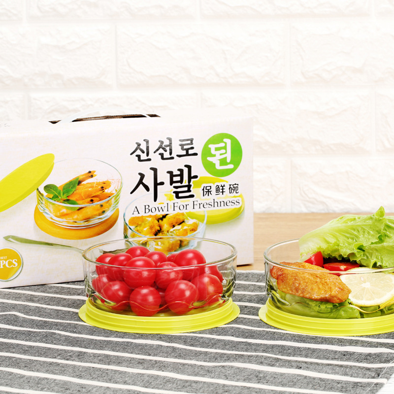 Juego de tres piezas de tazón de vidrio para el hogar con tapa de vegetales y frutas redondo sellado tazón de vidrio caja de almuerzo apertura actividad tazón de regalo