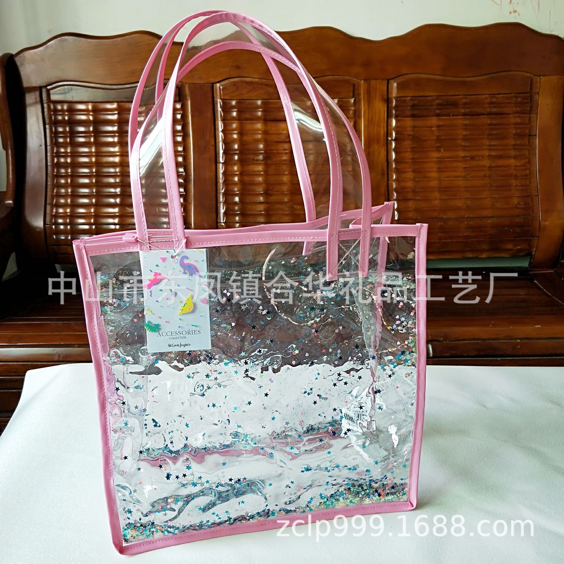 透明购物袋入星星闪粉亮片  金葱粉PVC手提袋 敞口款休闲双跨肩带