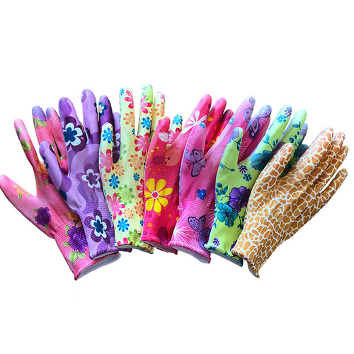 Colorful PU thin gloves nylon coated palms breathable hanging rubber dipped non-slip women's gloves labor protection wear-resistant work