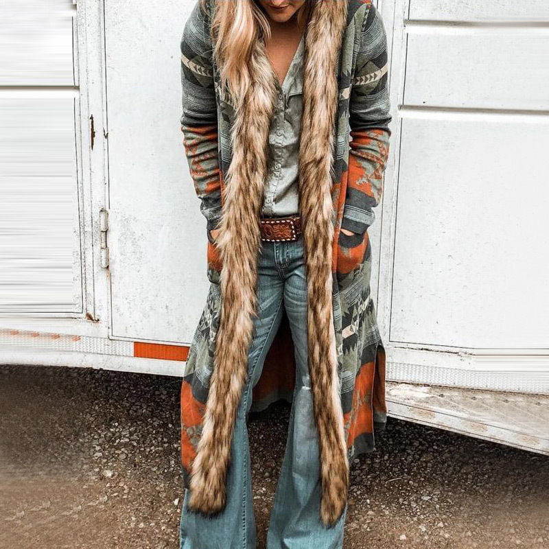 速卖通独立站女装2022冬季新款长毛领外套长袖印花长款风衣女