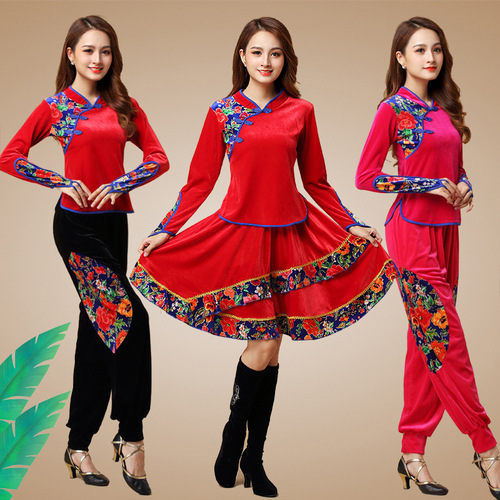 Tingziyu autumn and winter square dance costume new set gold velvet dance performance costume finger button yangko folk dance