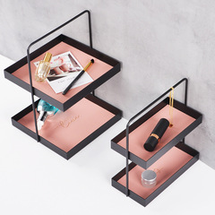 Double-layer leather pad storage tray, Nordic style with handle, entryway decor, cosmetic storage box, snack tray