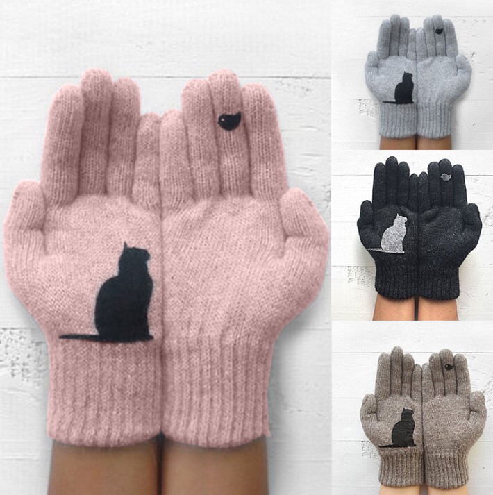 Boys Give Girls Gifts, Couple's Autumn and Winter Outdoor Warm and Cold-Proof Cat and Bird Print Woolen Knitted Gloves