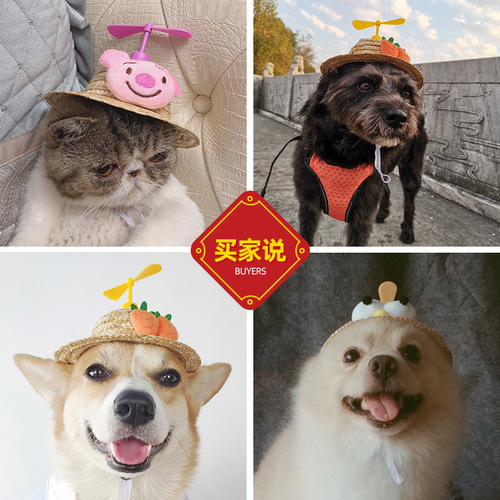 Pet straw hat summer cat and dog decoration small and medium-sized puppies new spring and summer bamboo dragonfly hat Teddy photo props