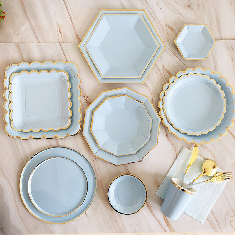 Blue Theme Dessert Table Tableware Boys Birthday Cake Plate Party Disposable Decoration Dish Set