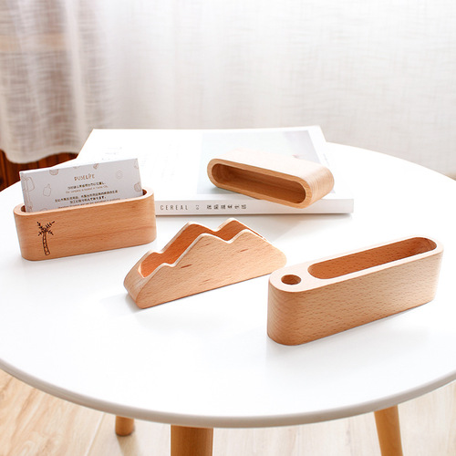 Plain desktop wooden business card box, personalized mountain-shaped card holder, creative business beech wood storage box, logo can be customized