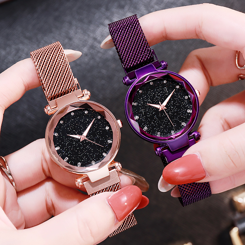 Starry Sky Diamond-Encrusted Women's Watch, Fashionable Round Dial, Rose Gold Milan Magnetic Mesh Strap, Light Luxury Women's Watch Wholesale