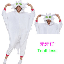 法兰绒夜煞无牙仔动物连体睡衣男女 卡通连体睡衣家居服情侣白色