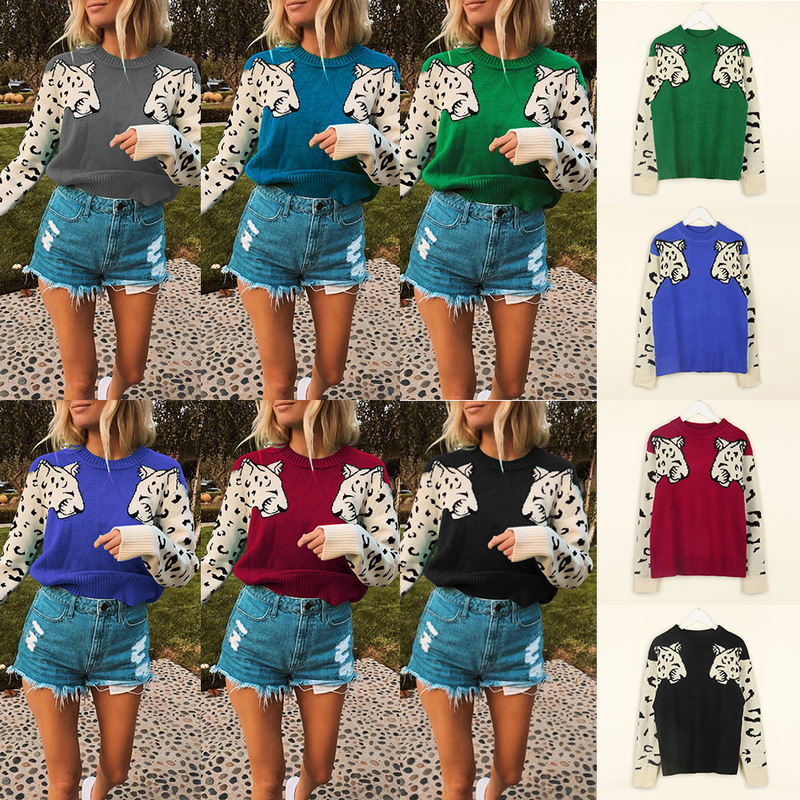 2022 New Autumn and Winter Knitwear Women's Amazon Arm Leopard Pattern Long-Sleeved Pullover Knitwear Purple Lake Blue