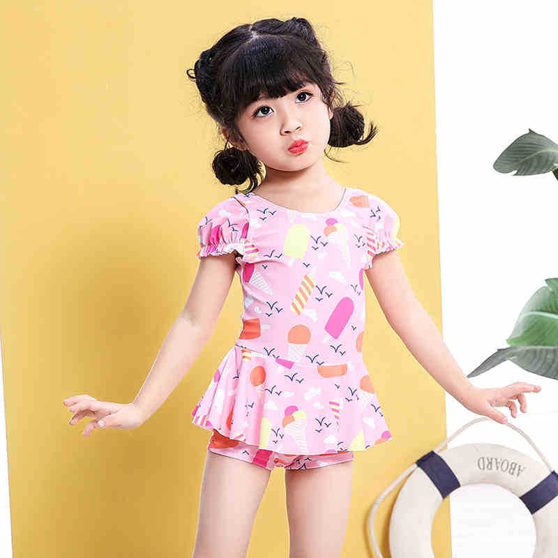 2023 new children's swimsuit foreign trade wholesale cool summer girls' one-piece ice cream pattern hooded quick-drying