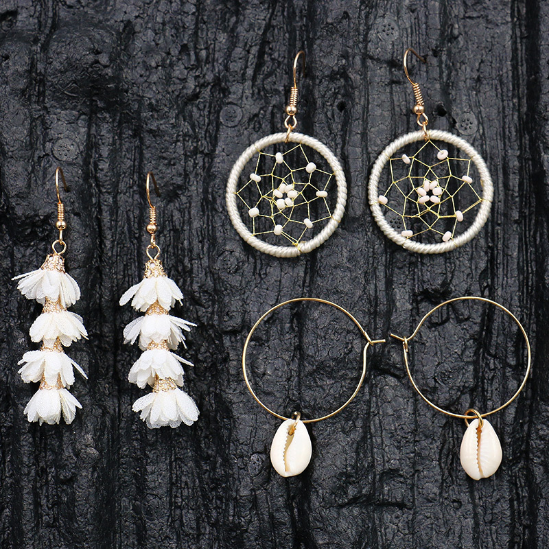 3-piece earrings suit Korean style creative personality Golden Shell dream catcher flower earrings accessories cross-border hot sale