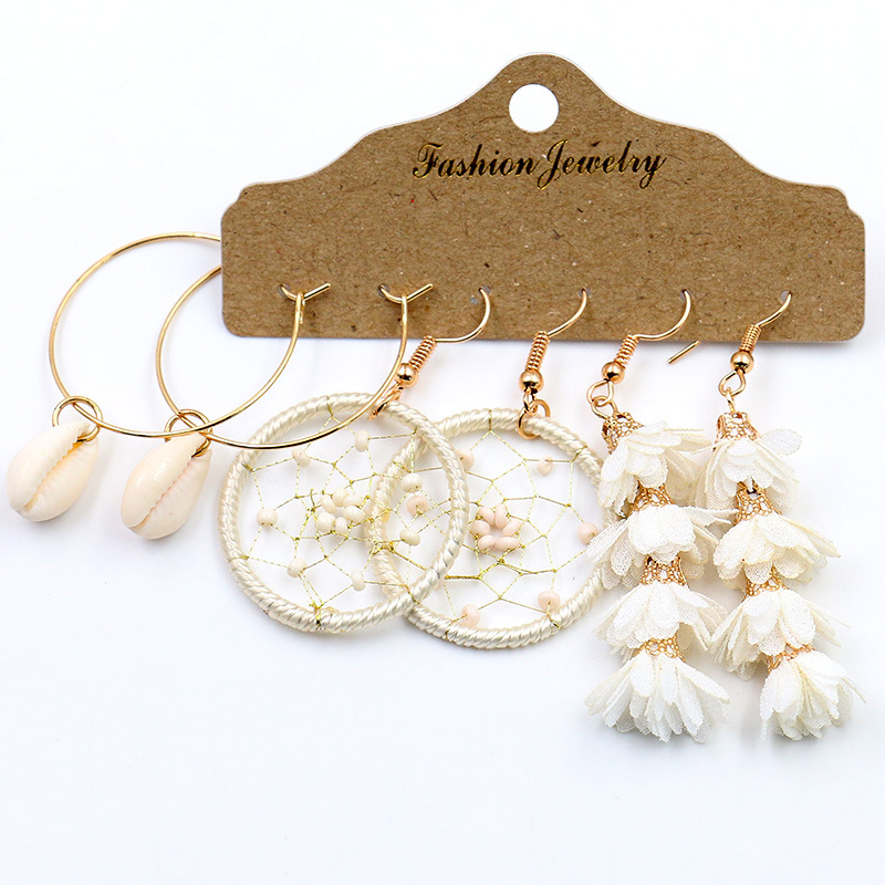3-piece earrings suit Korean style creative personality Golden Shell dream catcher flower earrings accessories cross-border hot sale