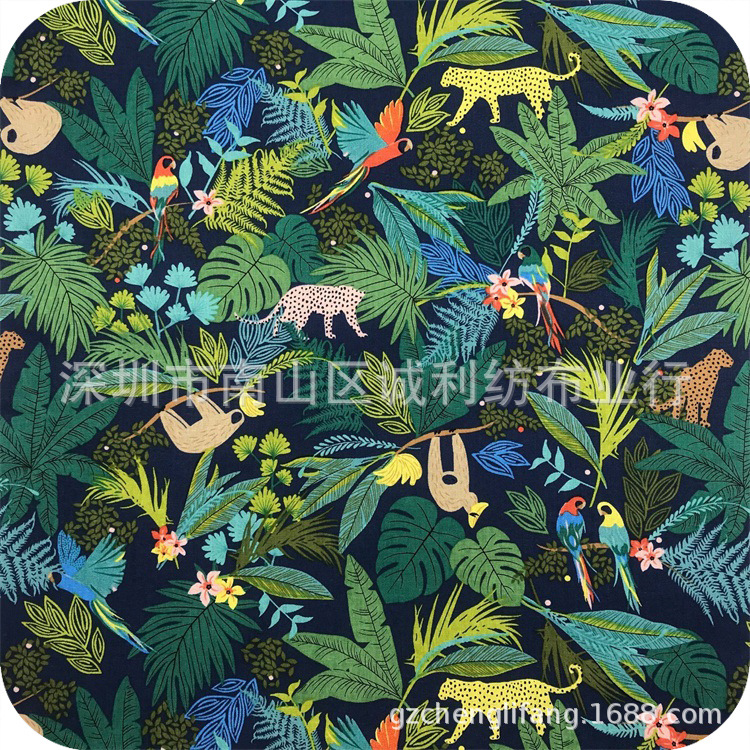 夏威夷森林动物棉麻印花 热带雨林树懶 鹦鹉豹印花衬衫面料童装布