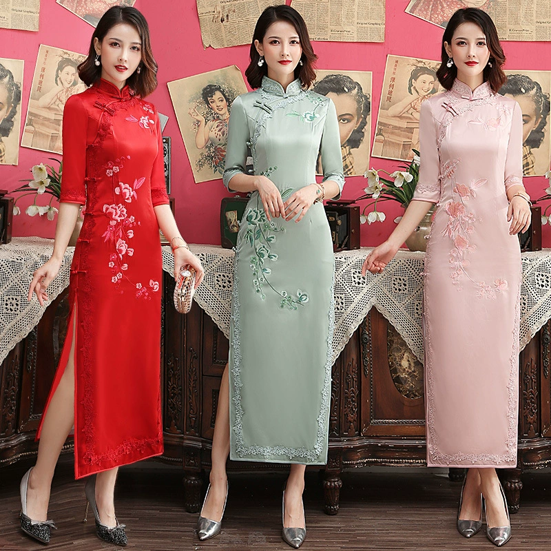 2025 Spring New Improved Medium Sleeve Large Size Old Shanghai Stand Collar Long Heavy Silk Embroidered Daily Slim Flag
