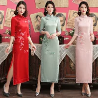 2025 Spring New Improved Medium Sleeve Large Size Old Shanghai Stand Collar Long Heavy Silk Embroidered Daily Slim Flag