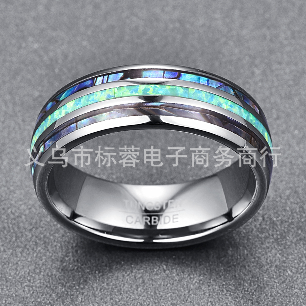 Cúpula pulida de tres ranuras con incrustaciones de concha de abulón + ópalo + concha de abulón para hombres anillo de acero de tungsteno en stock entrega de una pieza