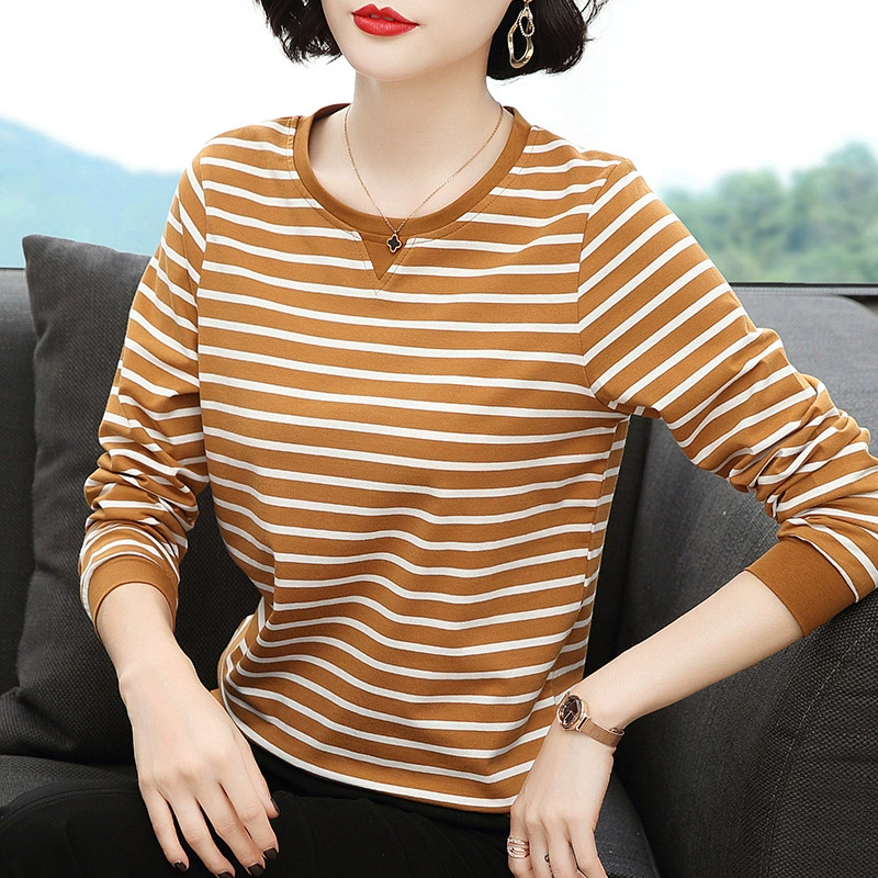 Хлопковая футболка с длинными рукавами, женская новая свободная верхняя одежда 2023 года, универсальный топ в полоску, Базовая рубашка для матери среднего возраста