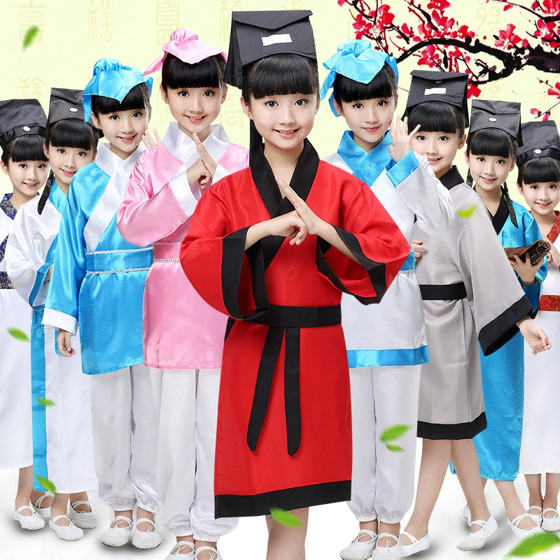 Детские древние костюмы Hanfu Guoxue Одежда Книга Детская трехсимвольная Сутра Одежда для выступлений с декламацией поэзии Китайский стиль Конфуций и Мэн-цзы Этикет Классная одежда