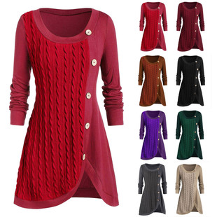 Women's Plus Size Round Neck Long-Sleeved Button-Trim Irregular Stitching Knitted Sweater
