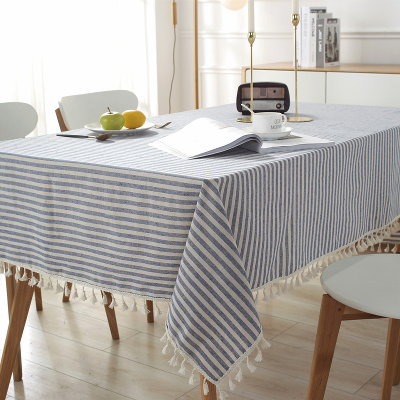 Japanese-style polyester cotton simple striped plain tassel lace yarn-dyed rectangular tablecloth coffee table tablecloth factory wholesale