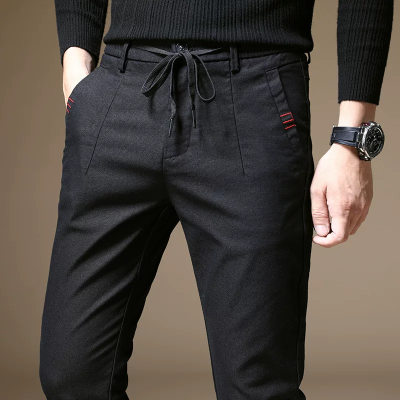 Летние трендовые черные кэжуал штаны, корейский стиль, slim fit, эластичный пояс
