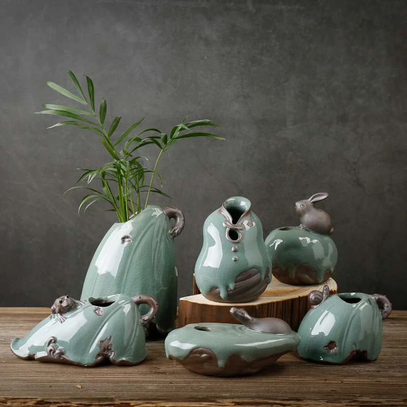 Изысканные Креативные украшения для дома в китайском стиле Чай Домашнее животное Грубая керамика Рельеф Ge Печь Керамическая Маленькая ваза Гидропонная ваза для цветов