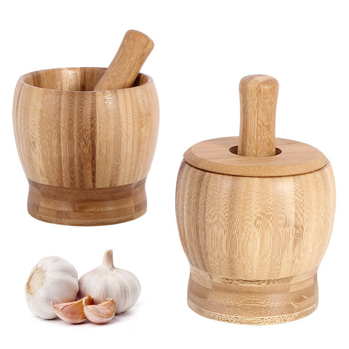 Bamboo garlic pounding jar household kitchen food stirrer garlic press creative garlic grinder with lid garlic pounder