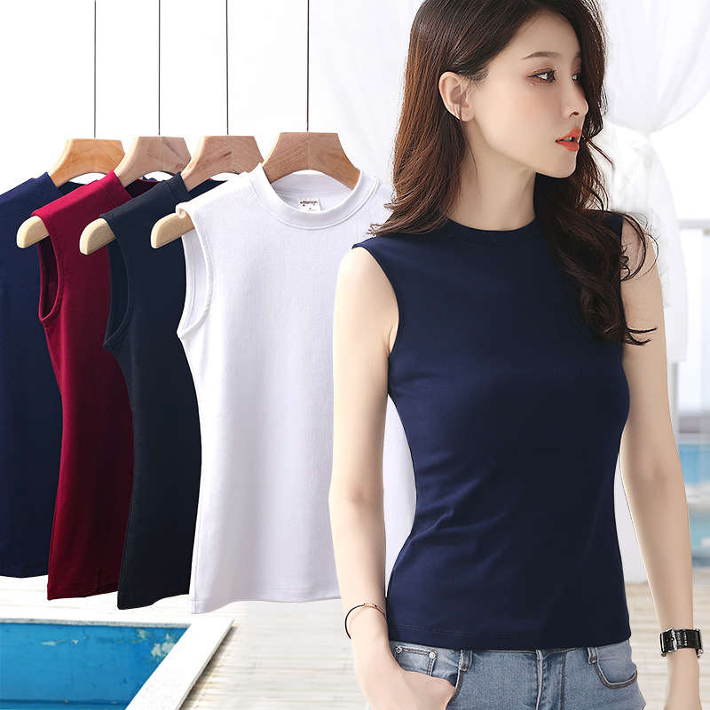 Half-high Collar T-Shirt Women's Sleeveless Base Shirt 2022 Summer New Style Slim-fit Solid Color Cotton Vest with Cam Sleeve
